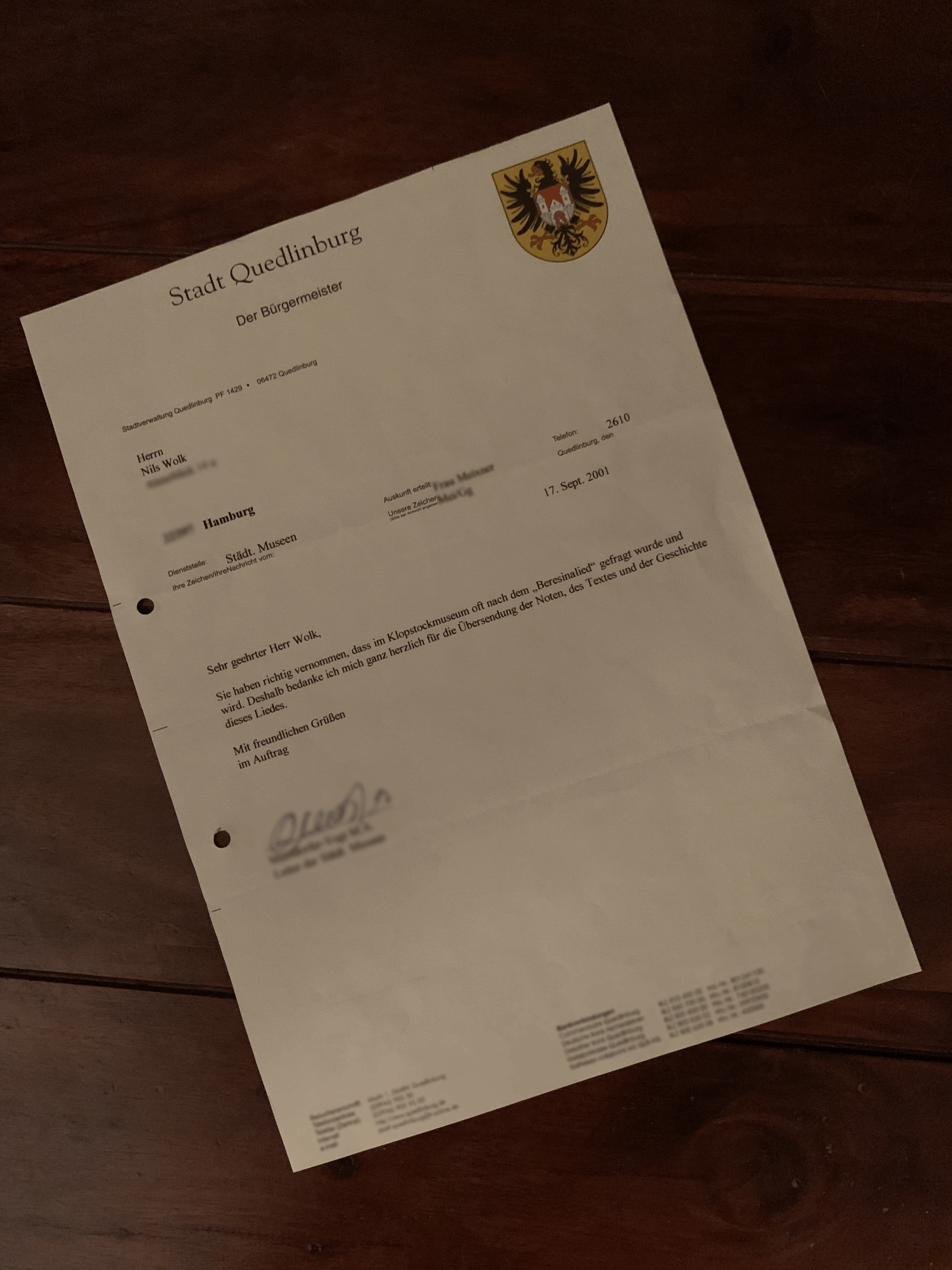 17.09.2001 Ein Brief, der vieles in Bewegung setzte